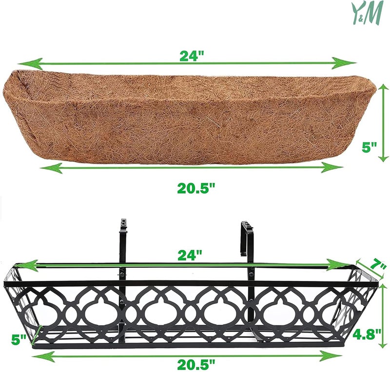 YM Flower Boxes for Deck Railings 24inch 4packs, Deck Railing Planter Boxes with Coir Liner Outdoor Railing Window Boxes Planters Hanging Planter Flower Box - Image 2